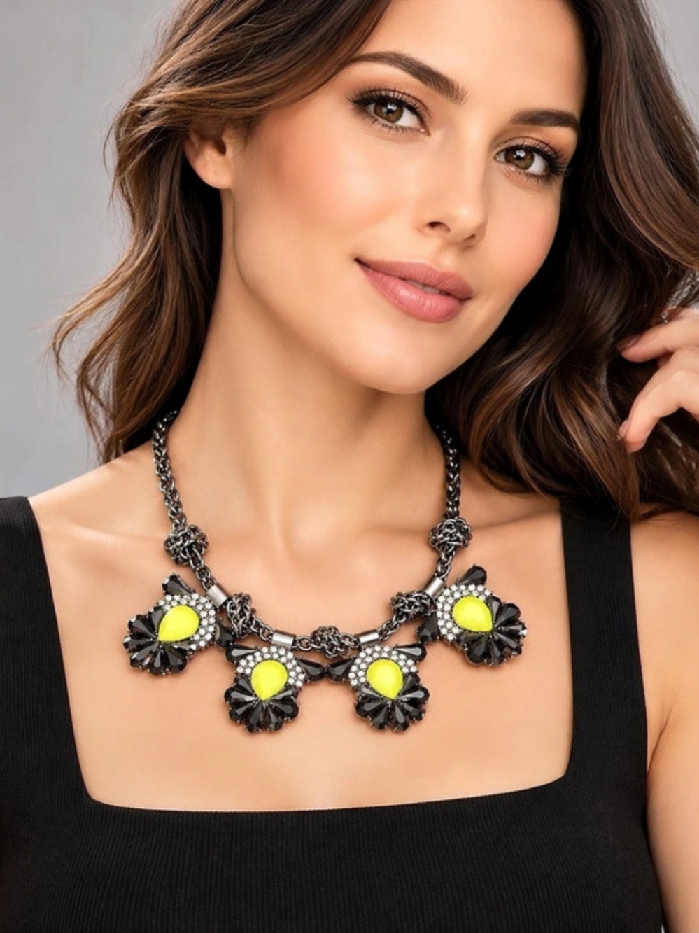 Floral Statement Necklace in Black & Yellow Like New
